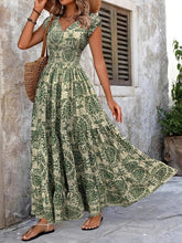 Women's All Over Print Shirred Dress, Boho Fashion Short Sleeve V Neck Dress for Daily Holiday Vacation Wear, Women Dress for Summer