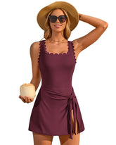 Scalloped Swim Dress, Tummy Control with Skirt, Square Neck