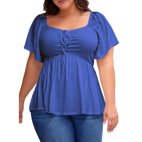 Shapecurve Women Plus Size Sweetheart Neck Short Sleeve Shirred Peplum Blouse Tops Shirts(1X-5X)
