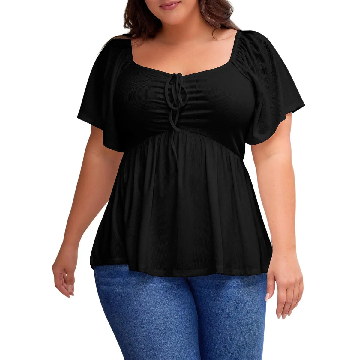 Shapecurve Women Plus Size Sweetheart Neck Short Sleeve Shirred Peplum Blouse Tops Shirts(1X-5X)