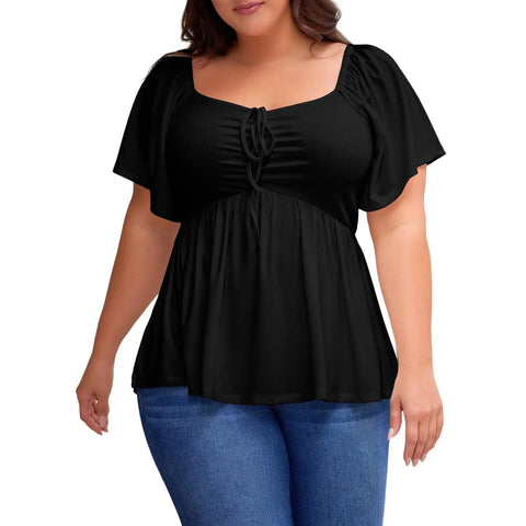 Shapejelly Women Plus Size Sweetheart Neck Short Sleeve Shirred Peplum Blouse Tops Shirts(1X-5X)
