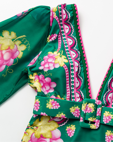 Shapecurve? Long-sleeved Retro Green Grapes Print One Piece Swimsuit and Skirt