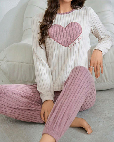 Women’s Heart Print Pajama Set – Long Sleeve Top & Pants Loungewear