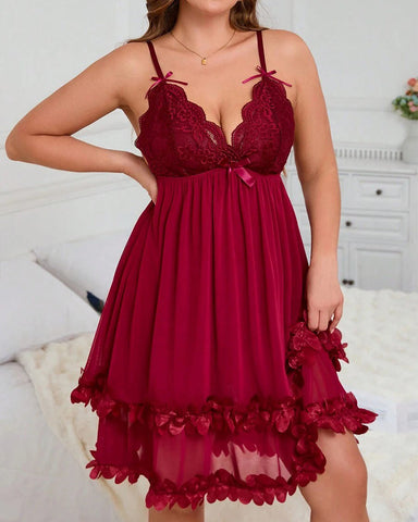 Sexy Plus Size 3D Floral Lace Sheer Camisole Nightdress