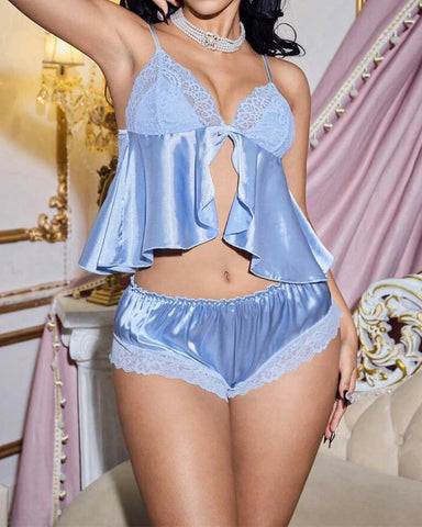 Women's Lace Splice Ruffle Trim Sexy Pajama Set