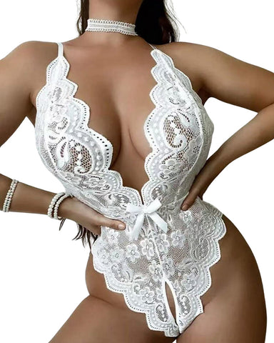 Women Sexy Lingerie Backless Lace Halter Jumpsuit