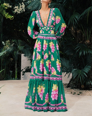 Shapejelly® Long-sleeved Retro Green Grapes Print One Piece Swimsuit and Skirt
