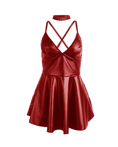 Plus Size PU V-Neck Backless Babydoll Chemise Mini Dress