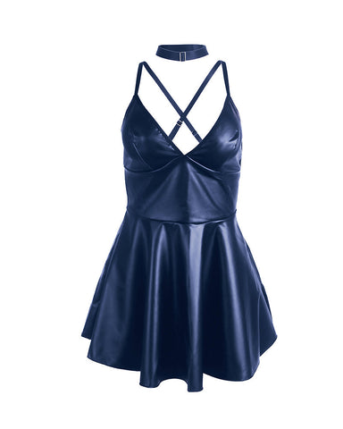 Plus Size PU V-Neck Backless Babydoll Chemise Mini Dress