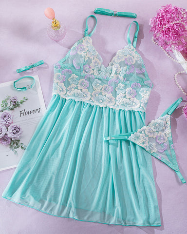 Sexy Embroidered Mesh Nightdress 4-Piece Set with Neck & Wrist Details