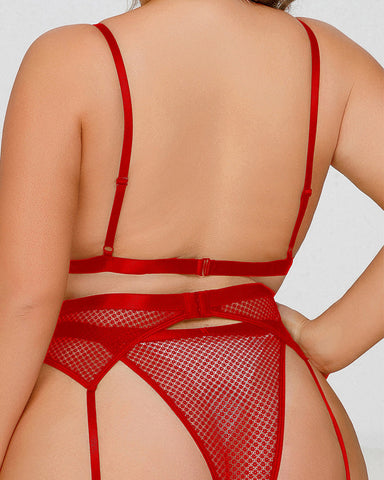Sexy Plus Size Mesh Hollow 3-Piece Set – Elastic Fit with Leg Loops