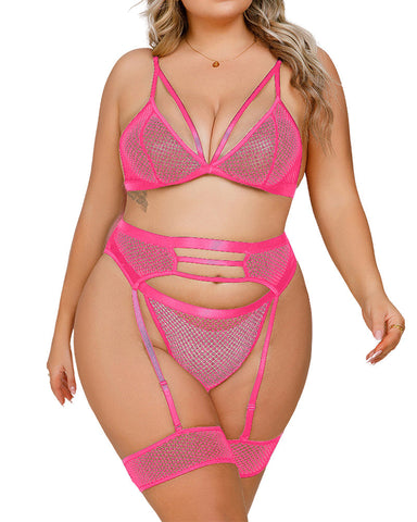 Sexy Plus Size Mesh Hollow 3-Piece Set – Elastic Fit with Leg Loops