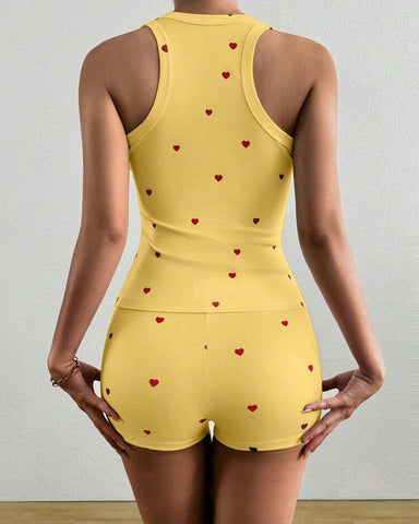 Women's 2 Pieces Pajamas Set Heart Pattern U Neck Sleeveless Tank and Casual Strechy Waist Shorts Set