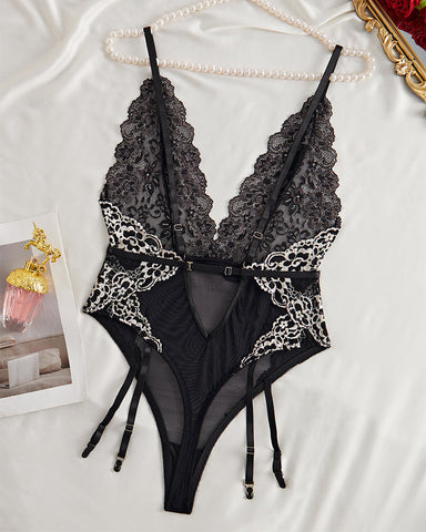 Sexy Lace Deep V Backless Jumpsuit with Garter Belts