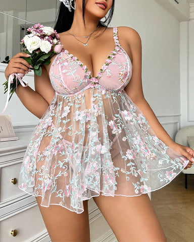 Sexy Plus Size Sheer Satin Nightdress & Panty Set