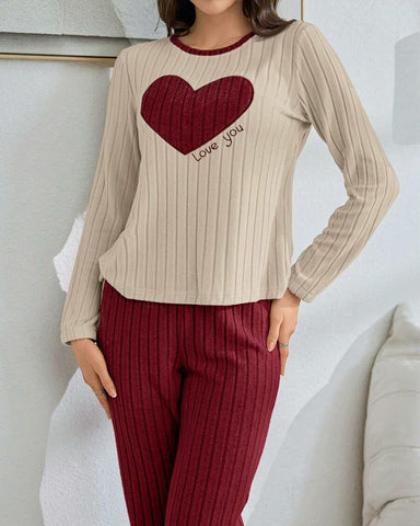 Women’s Heart Print Pajama Set – Long Sleeve Top & Pants Loungewear