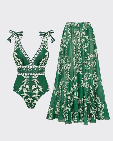 Shapecurve® V Neck Lace Up Printed One Piece Swimsuit and Skirt