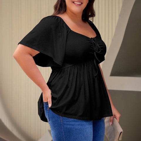 Shapecurve Women Plus Size Sweetheart Neck Short Sleeve Shirred Peplum Blouse Tops Shirts(1X-5X)