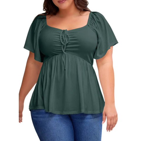 Shapecurve Women Plus Size Sweetheart Neck Short Sleeve Shirred Peplum Blouse Tops Shirts(1X-5X)