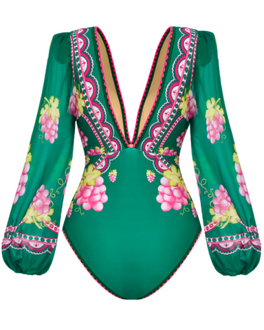Shapejelly® Long-sleeved Retro Green Grapes Print One Piece Swimsuit and Skirt