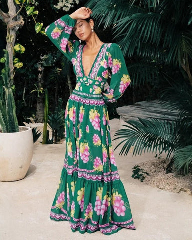 Shapecurve? Long-sleeved Retro Green Grapes Print One Piece Swimsuit and Skirt