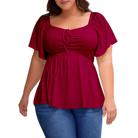 Shapejelly Women Plus Size Sweetheart Neck Short Sleeve Shirred Peplum Blouse Tops Shirts(1X-5X)