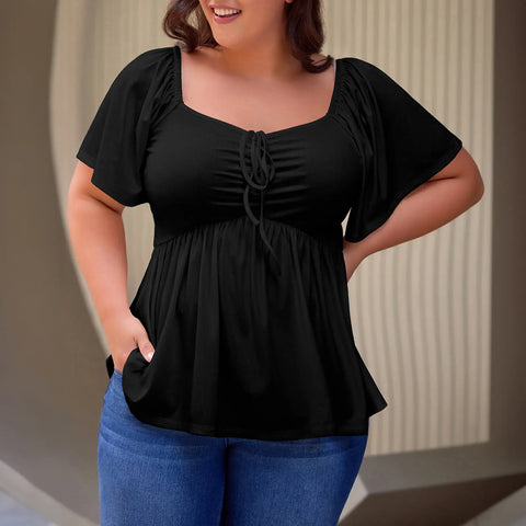 Shapecurve Women Plus Size Sweetheart Neck Short Sleeve Shirred Peplum Blouse Tops Shirts(1X-5X)