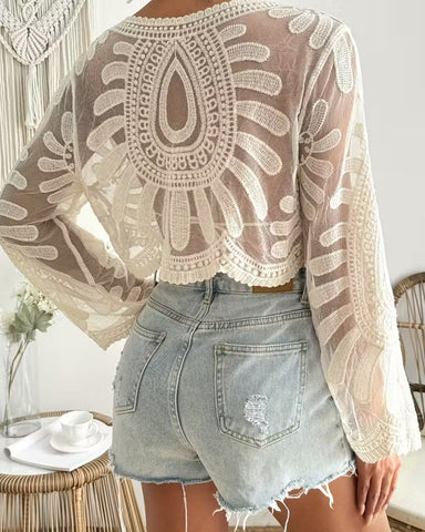 Women’s Floral Embroidery Sheer Beach Cover-Up