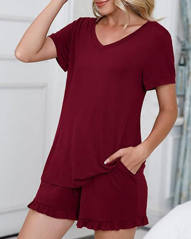 Women’s Casual Short Sleeve Pajama Set with Drawstring Shorts