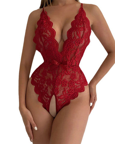 Women Sexy Lingerie Backless Lace Halter Jumpsuit