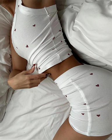 Women's 2 Pieces Pajamas Set Heart Pattern U Neck Sleeveless Tank and Casual Strechy Waist Shorts Set