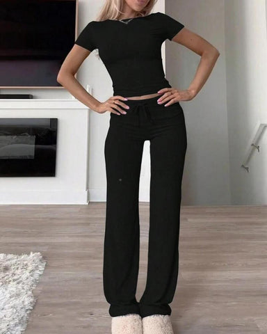 Women's Plain Shortsleeve Top & Drawstring Pants Loungewear Set