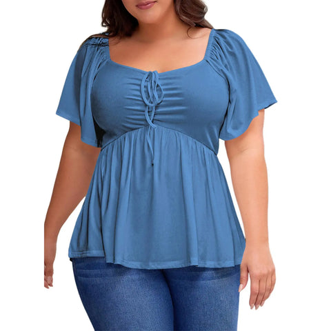 Shapecurve Women Plus Size Sweetheart Neck Short Sleeve Shirred Peplum Blouse Tops Shirts(1X-5X)