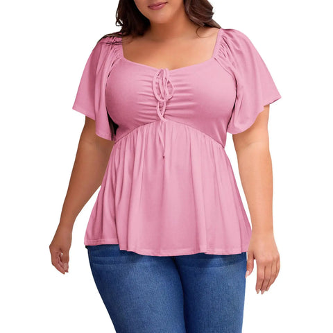 Shapejelly Women Plus Size Sweetheart Neck Short Sleeve Shirred Peplum Blouse Tops Shirts(1X-5X)