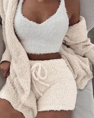 Women’s 3-Piece Plush Loungewear Set – Long Sleeve Top, Shorts & Pants