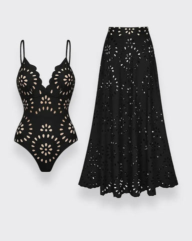 Shapecurve? Flower Hollow One Piece Swimsuit and Skirt