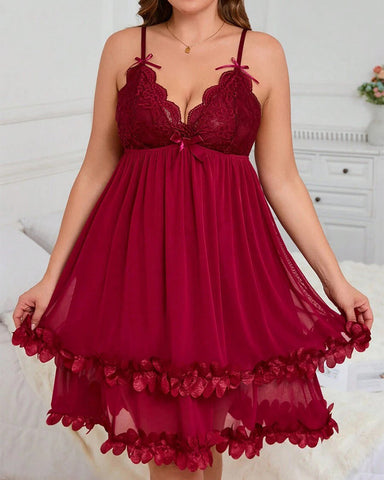 Sexy Plus Size 3D Floral Lace Sheer Camisole Nightdress