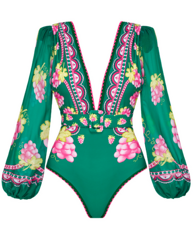 Shapecurve® Long-sleeved Retro Green Grapes Print One Piece Swimsuit and Skirt