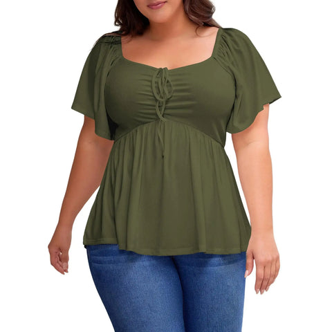 Shapecurve Women Plus Size Sweetheart Neck Short Sleeve Shirred Peplum Blouse Tops Shirts(1X-5X)