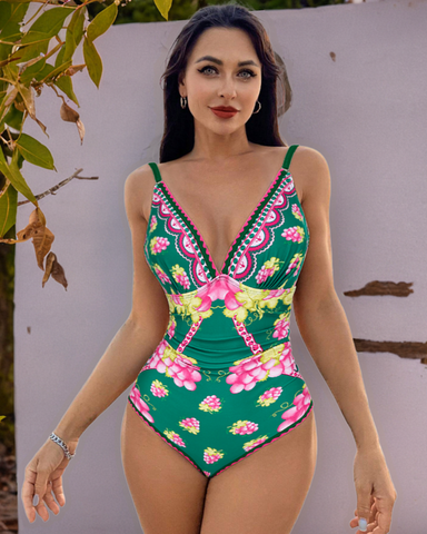 Shapecurve? Long-sleeved Retro Green Grapes Print One Piece Swimsuit and Skirt