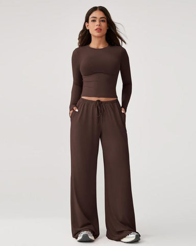 Women’s 2-Piece Activewear Set: Long-Sleeve Crop Top & Wide-Leg Pants | Stretchy Yoga/Workout/Running Clothes