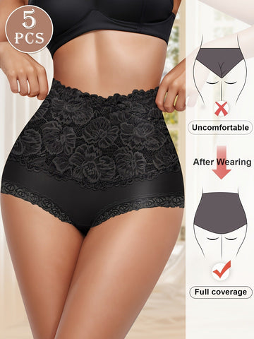 Comfy Everyday High-Waist Panties with Lace Trim, 5-Pack