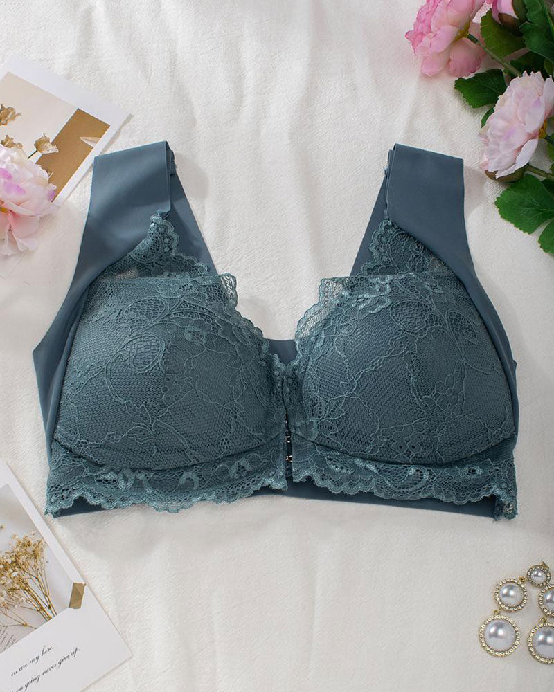 Shapejelly® Women's Contrast Lace Hook & Eye Front PushUp Bra