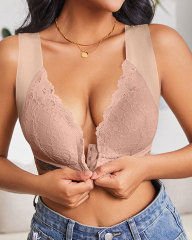 Shapejelly® Women's Contrast Lace Hook & Eye Front PushUp Bra