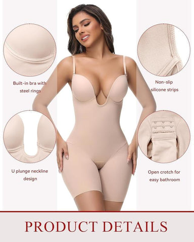 Women's U Plunge Strapless Tummy Control Bodysuit Low Back Built In Bra Shapewear