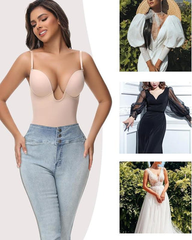 Women's U Plunge Strapless Tummy Control Bodysuit Low Back Built In Bra Shapewear