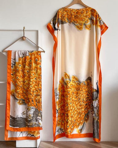 Women's Peacock Print Cape Shawl & Scarf Set – Elegant Beach Swim Cover-Up