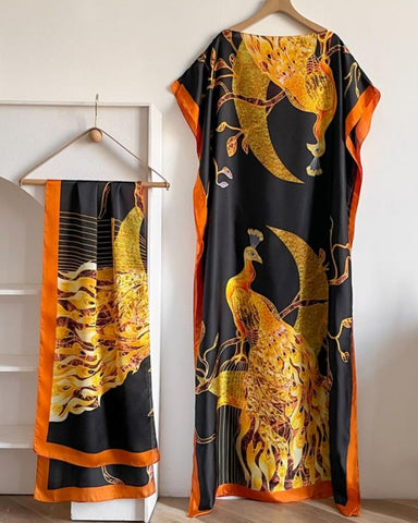 Women's Peacock Print Cape Shawl & Scarf Set – Elegant Beach Swim Cover-Up