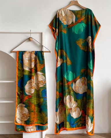 Women's Peacock Print Cape Shawl & Scarf Set – Elegant Beach Swim Cover-Up