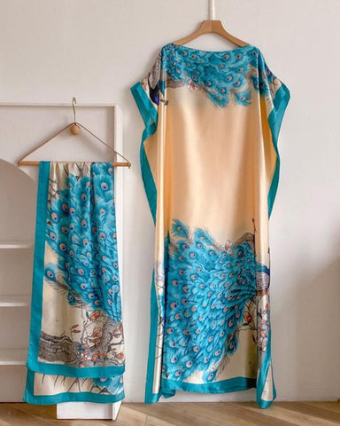 Women's Peacock Print Cape Shawl & Scarf Set – Elegant Beach Swim Cover-Up